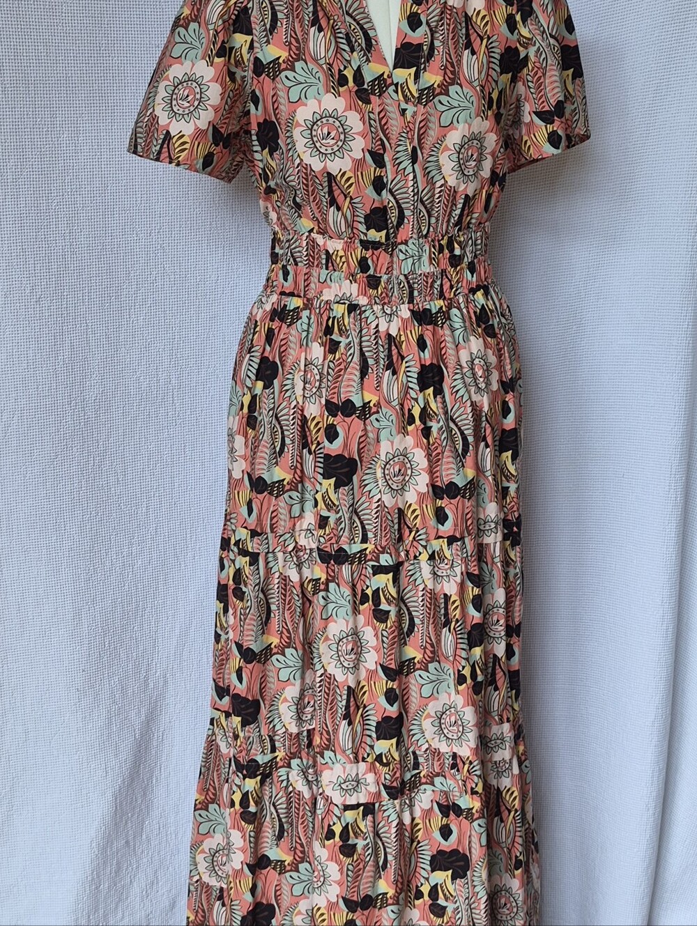 Anthropologie Coral and Mint Floral Tiered Maxi Dress